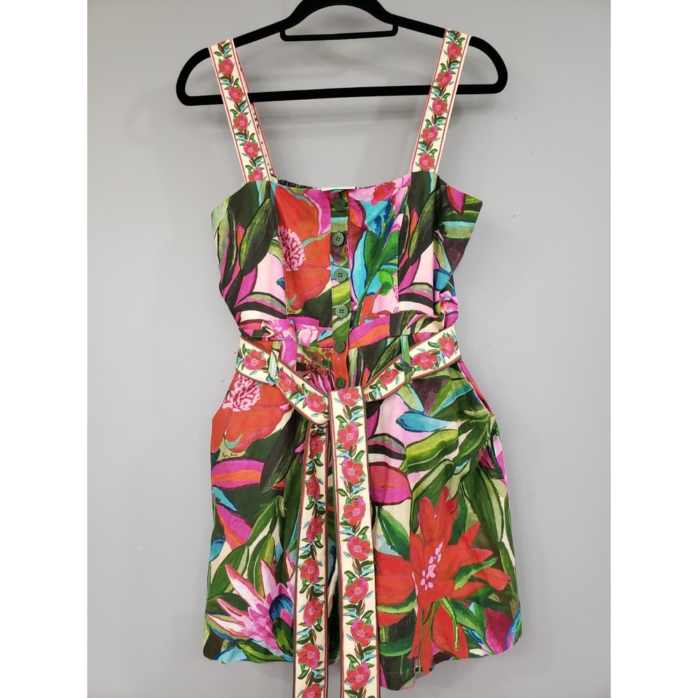 FARM RIO Jardin De Reve Linen Blend Romper Medium Floral Tropical Cruise Boho